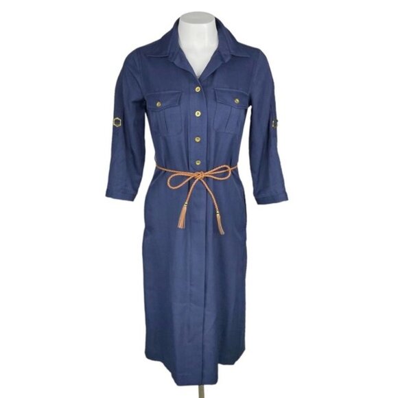 SHARAGANO Belted Shirt Dress Sz 4 Blue - Picture 1 of 5